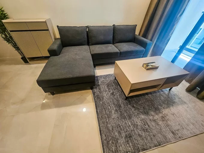 Fully furnished 2 bedroom luxury apartment in RainCoral Residence, 4th floor, Hulhumale'. A photo of the living room.