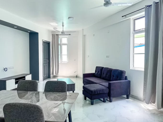 Fully furnished 2 bedroom apartment from a residential building in Dhilkushaa Goalhi, 6th floor, Macchangoalhi, Male'. A photo of the living room, dining area and kitchen.