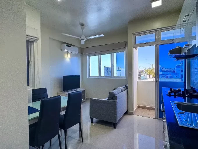 Fully furnished 2 bedroom apartment from a residential building in Neeloafaru Magu, 9th Floor, Galolhu, Male'. A photo of the living area.